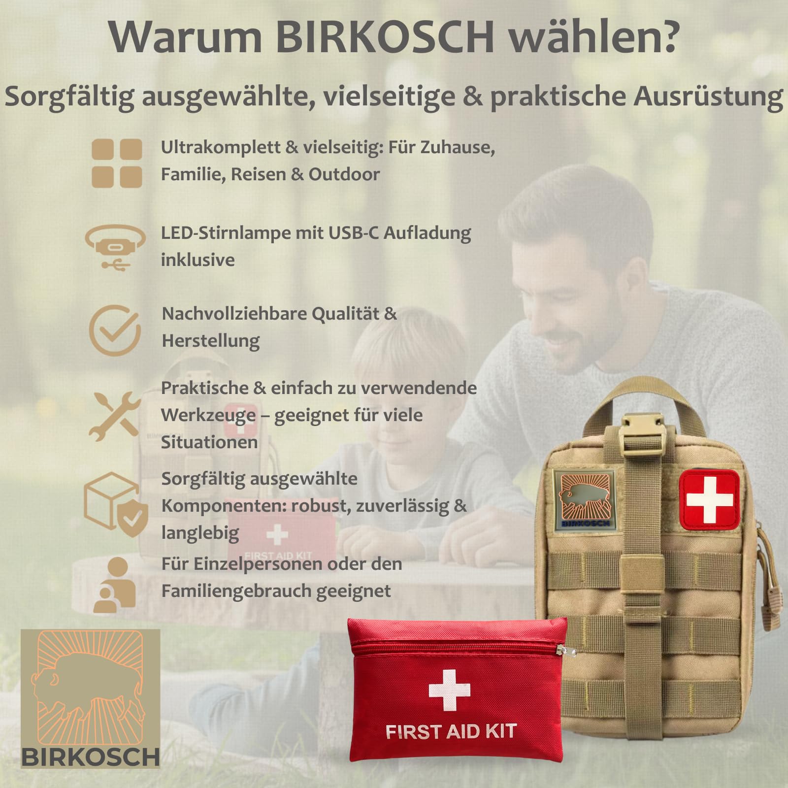 Survival Kit Komplett BIRKOSCH – 16 Werkzeuge + 82 Erste-Hilfe-Teile | 2 in 1 : Outdoor-Tasche + Erste-Hilfe-Set. Kompass, Wasserfilter, Rettungsdecke – Camping, Wandern, Auto, Notfall.