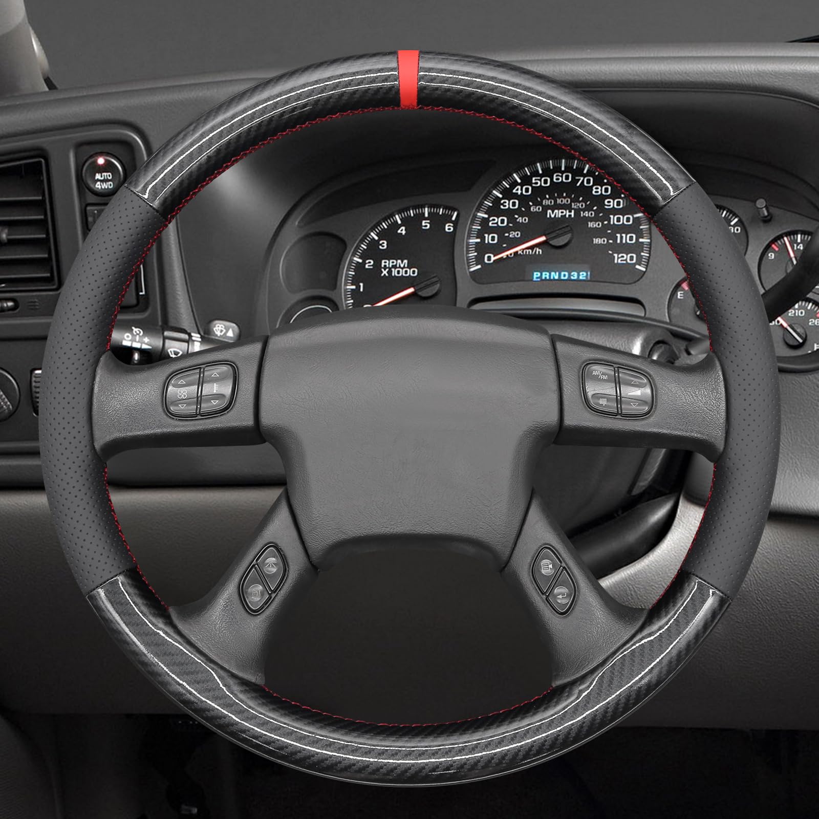 MEWANT Funda para volante de cuero y fibra de carbono cosida a mano para Chevrolet Silverado 2003-2007, protector de volante, accesorios para volante