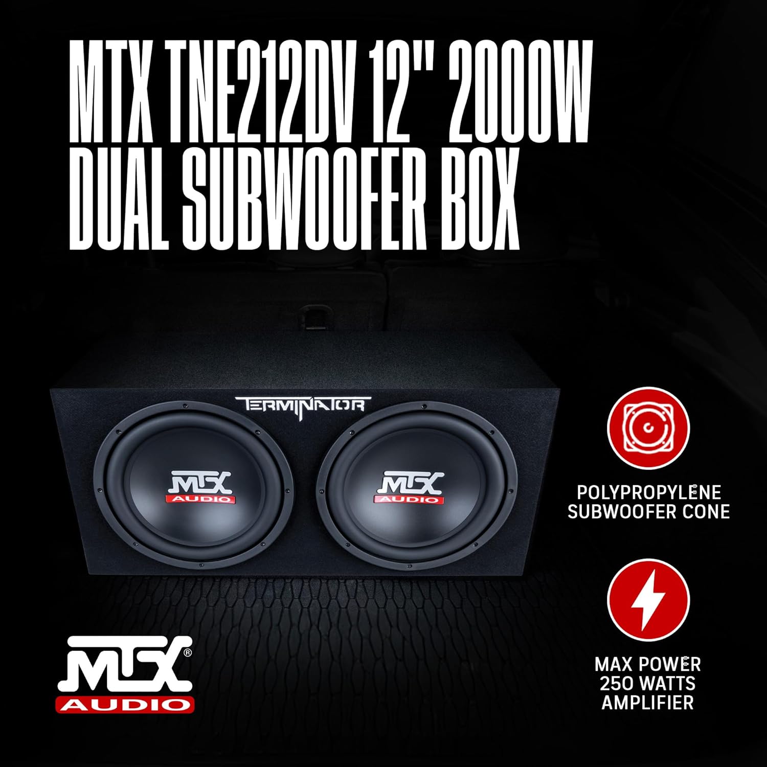 MTX Audio Dual 12 inch Vented Subwoofer Enclosure installed in a car trunk