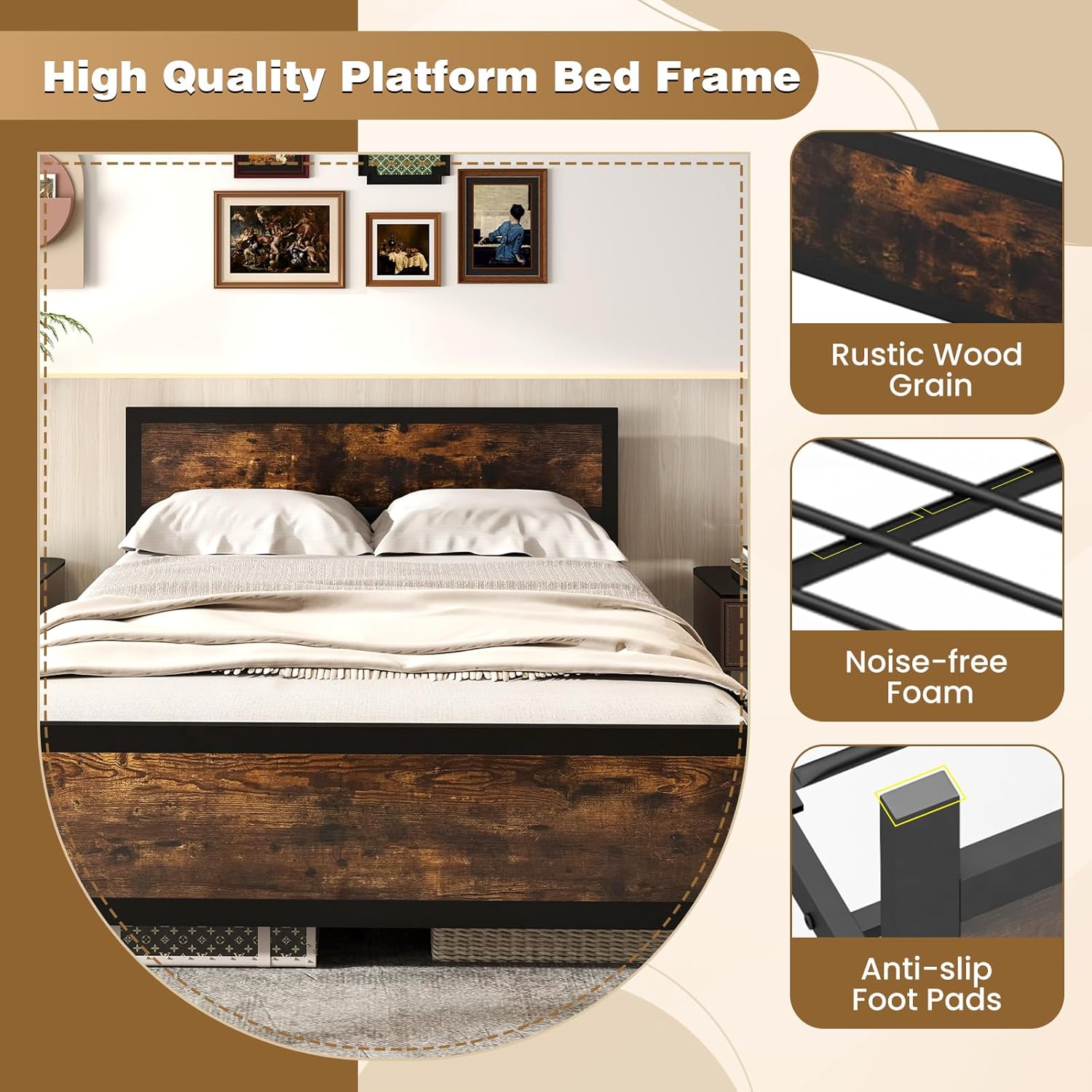 Giantex Metal Queen Size Platform Bed Frame with Wood Headboard and Footboard, Industrial Heavy Duty Queen Bed Frame w/Strong Support, No Box Spring Needed, Noise-Free, Rustic Brown