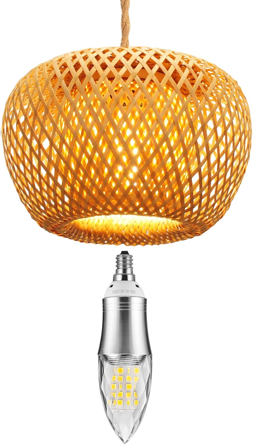 YIIZON LED Plug in Pendant Light Fixture, Boho Wicker Basket Lamp Shade