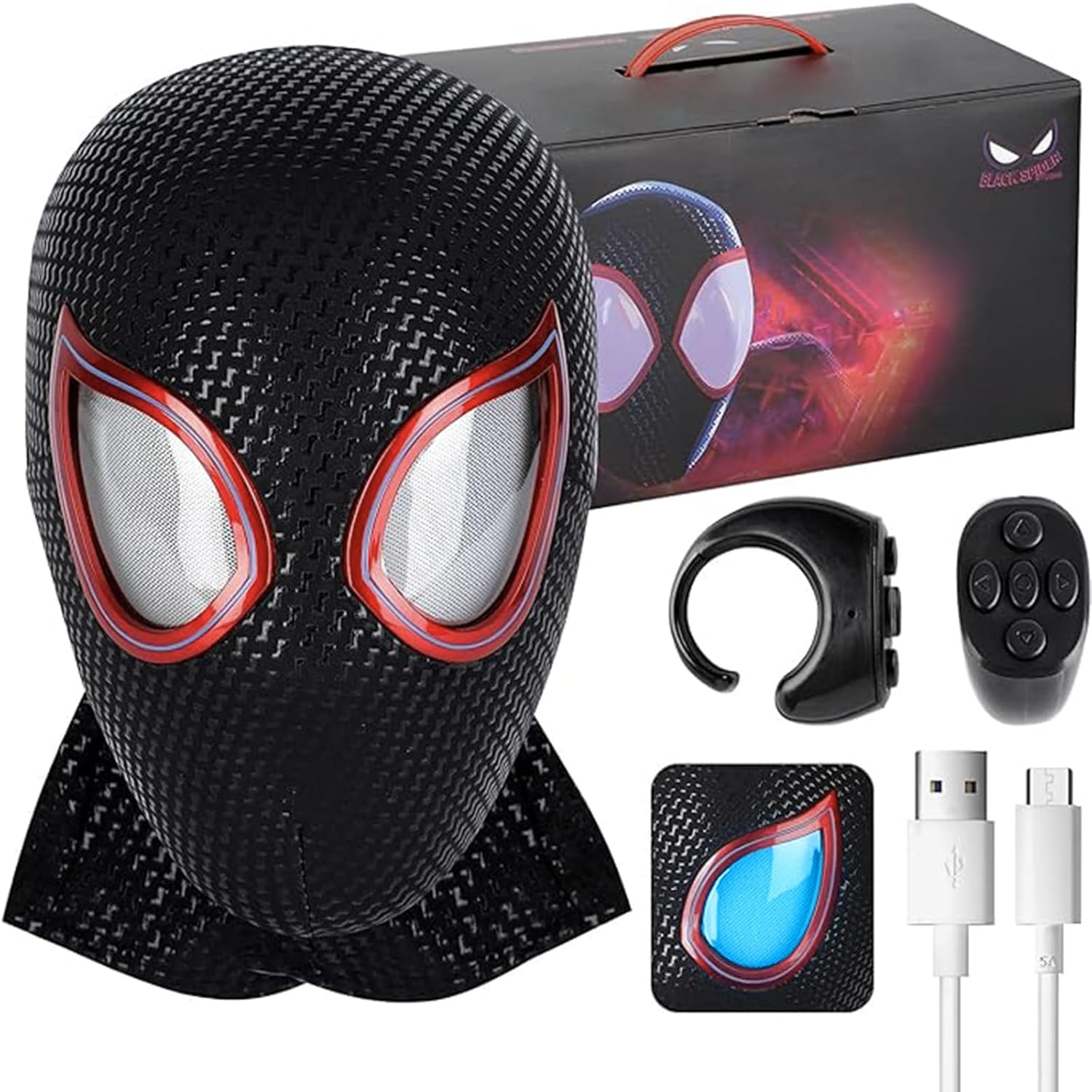 Spider Hero Mask with LED Lights Moving Eyes Ring Remote Halloween Role Play Mask Costume for Teens and