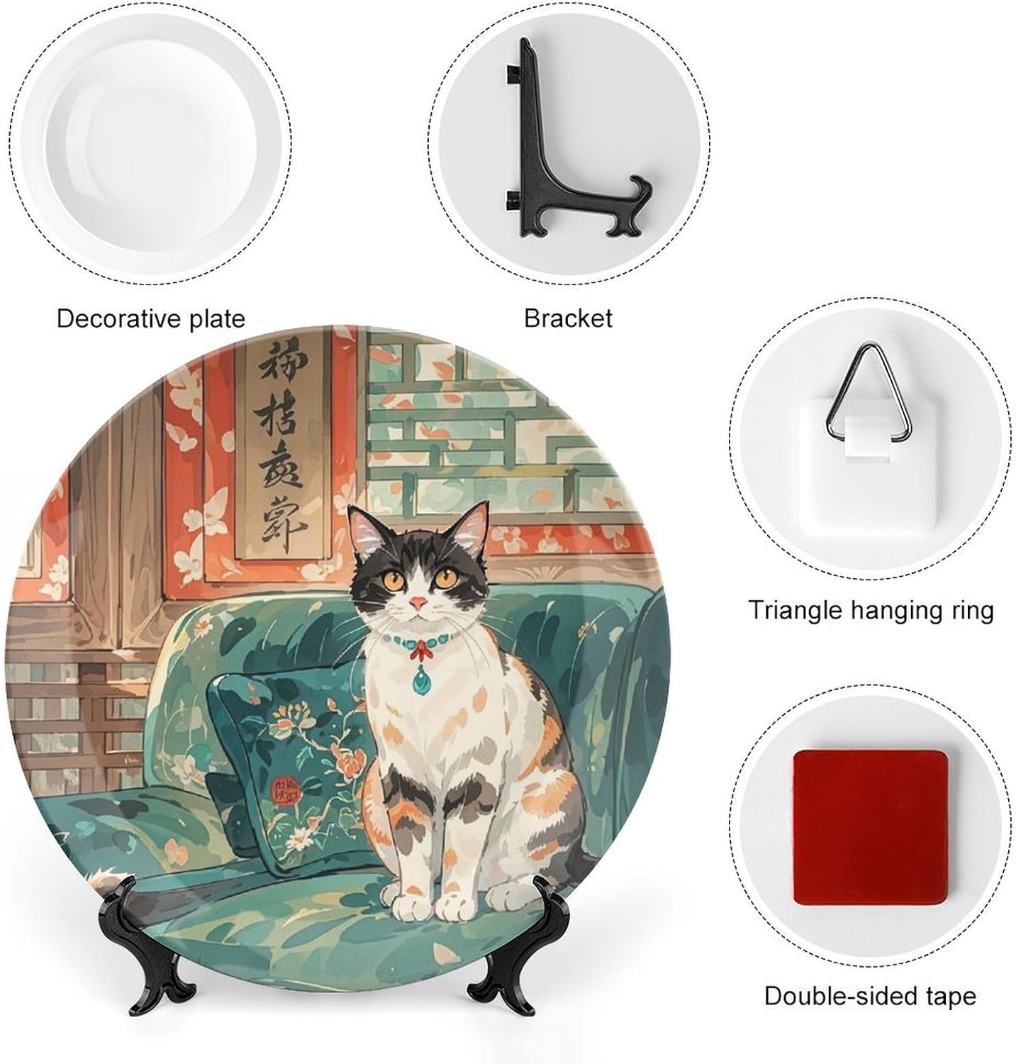 Cute Cat Ceramic Decorative Plate for Home, Bone China Plates | Chinese Style Decorative Dish with Stand, Dinner Plates Art Crafts for Wall Decor, Collections Plate with Hook 8inch