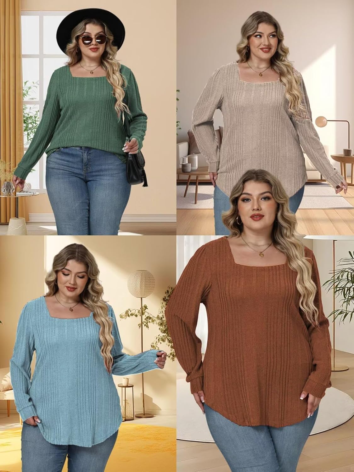 VISLILY Womens-Plus-Size-Long-Sleeve-Tops Cute Square Neck Lightweight Sweaters Casual Loose Fit Shirts Trendy Blouses Tunics - Image 5