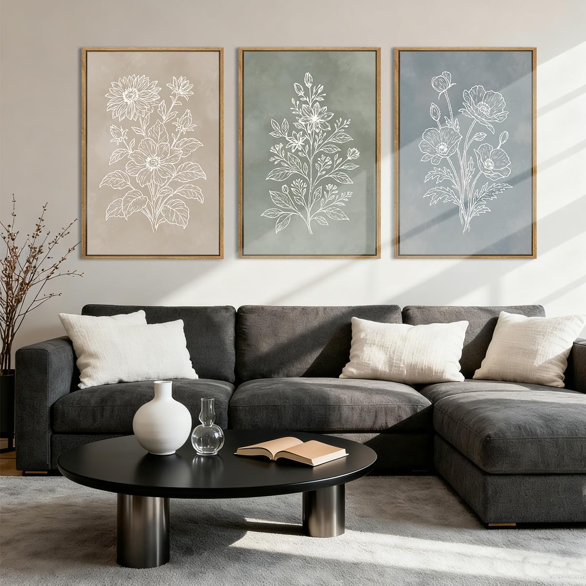 anyzal large boho botanical framed wall art 16x24 inch minimalist floral canvas wall decor farmhouse plant art prints for living room bedroom dining room set of 3 24"l x 16"w botanical