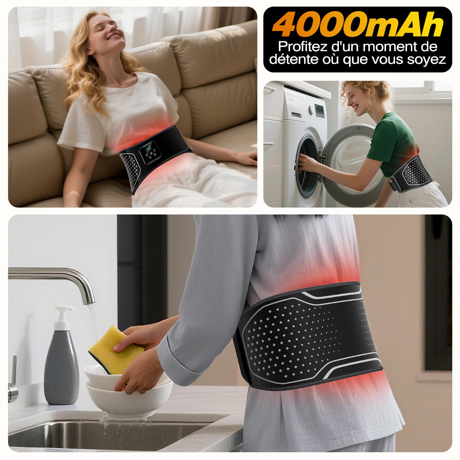 Ceinture Chauffante et Massante Lombaire Sans Fil – Coussin Chauffant avec 3 Modes Airbag et 4 Niveaux de Température pour Soulager les Douleurs Lombaires, Sciatique et Stress Quotidien