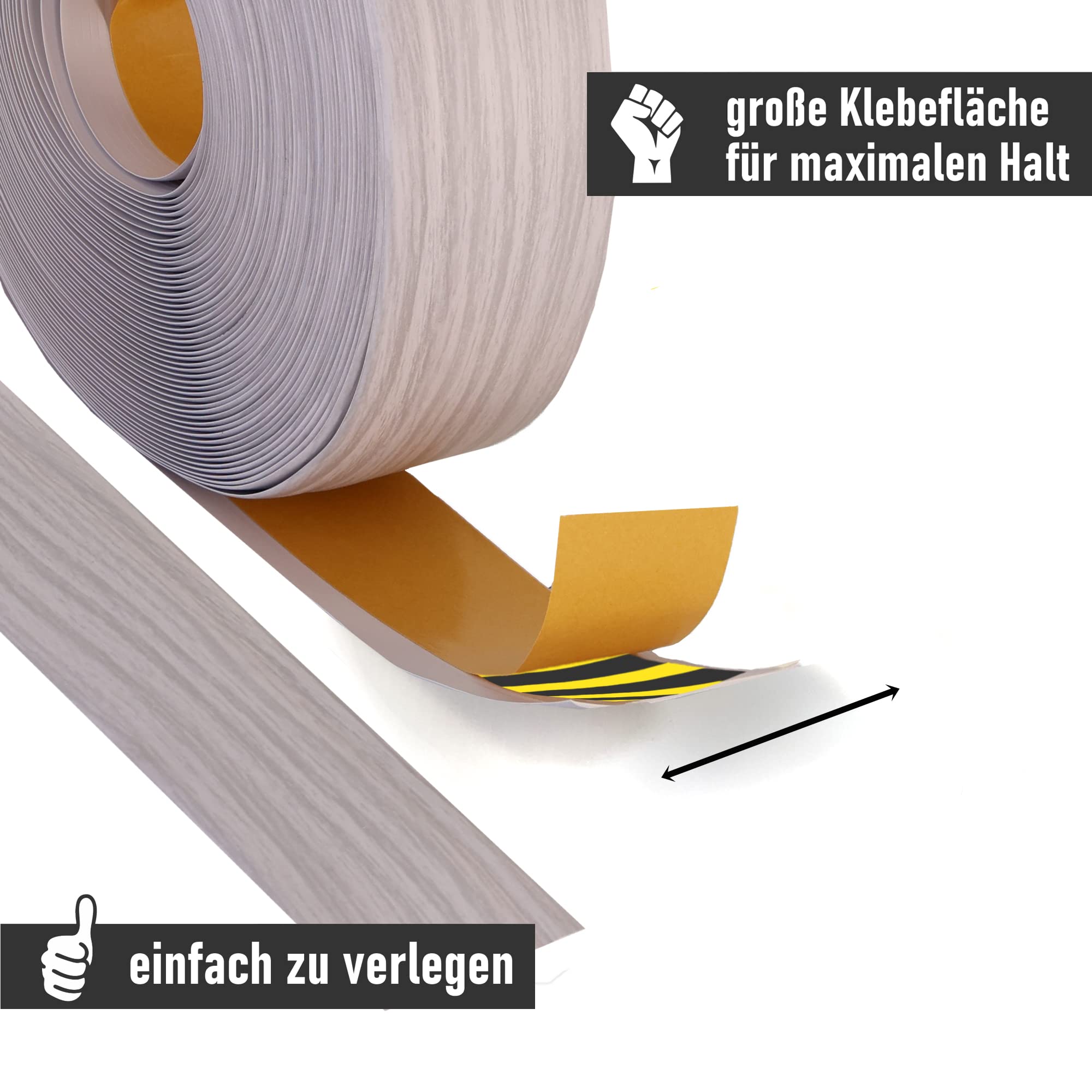 Sockelleiste LEMODO - 50 x 15 mm (Länge: 25 m, Farbe: Esche grau) - Fußleisten zuschneidbar – Weichsockelleiste selbstklebend aus PVC – Abschlussleiste Küchenarbeitsplatte, Bad, Arbeitsplatte etc.