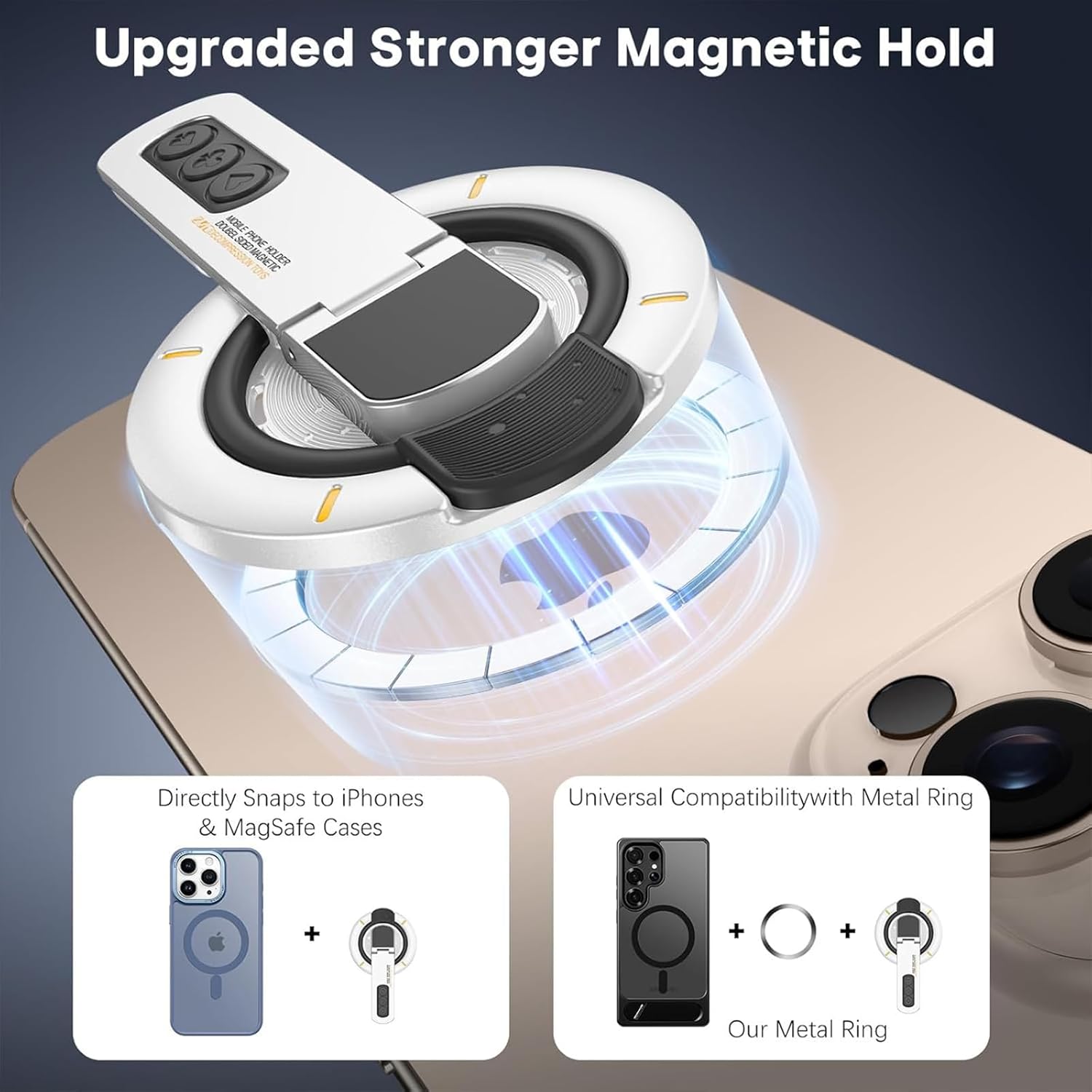 Magnetic Phone Grip for Desk, 3-in-1 360° Swivel Magnetic Finger Ring Holder with Double-Sided Magnet, 360° Rotation Pressure-Relief Cellphone Stand with Rubber Ring for All Phones 4”-8” - Image 2