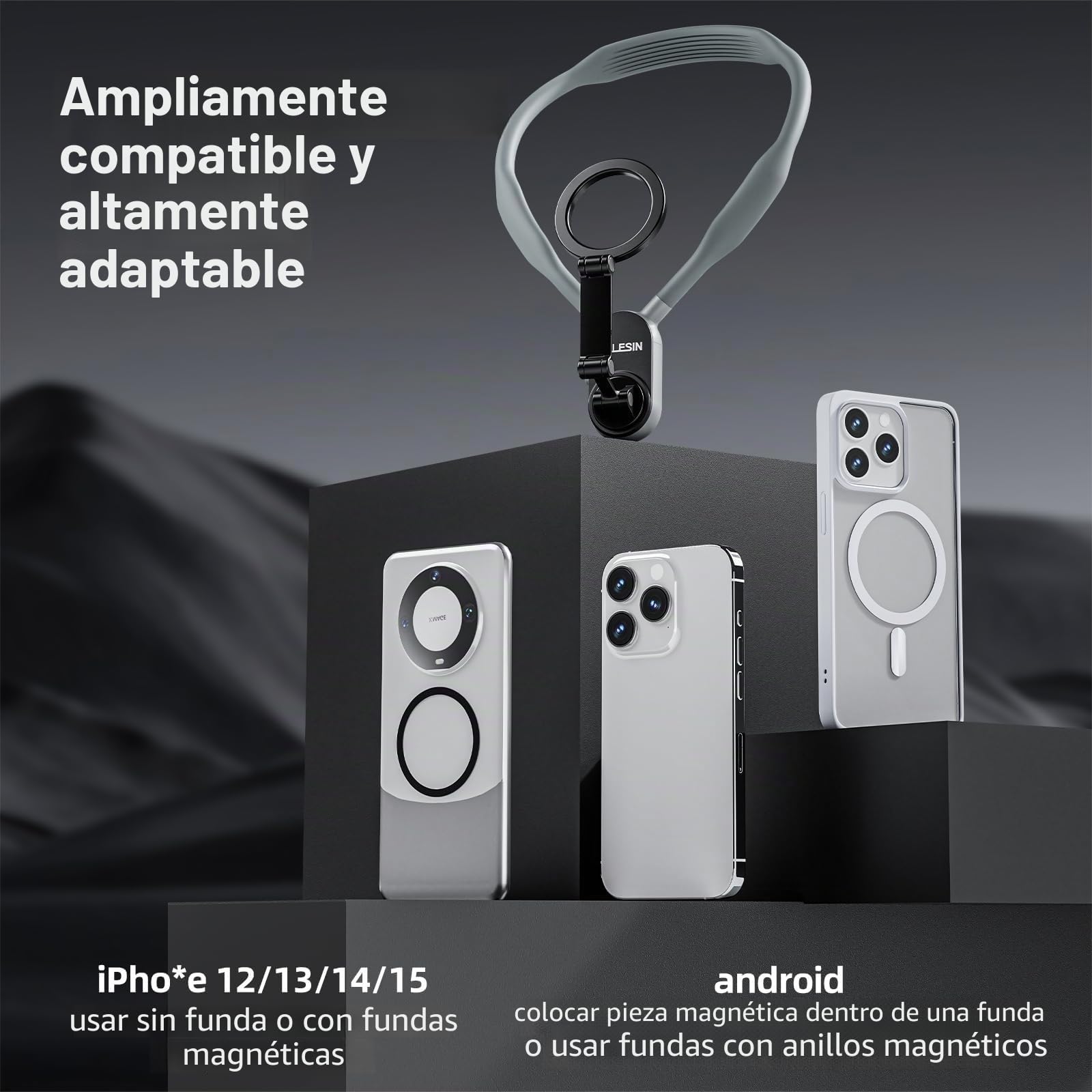 TELESIN POV/Vlog Cunas de Cuello Magnético para Teléfono, Collarín Telefónico Soporte con Manos Libres Soporte de Pecho para Grabación de Vídeo Correa para iPhone 17 16 15 14 13 12 Android (Gris)