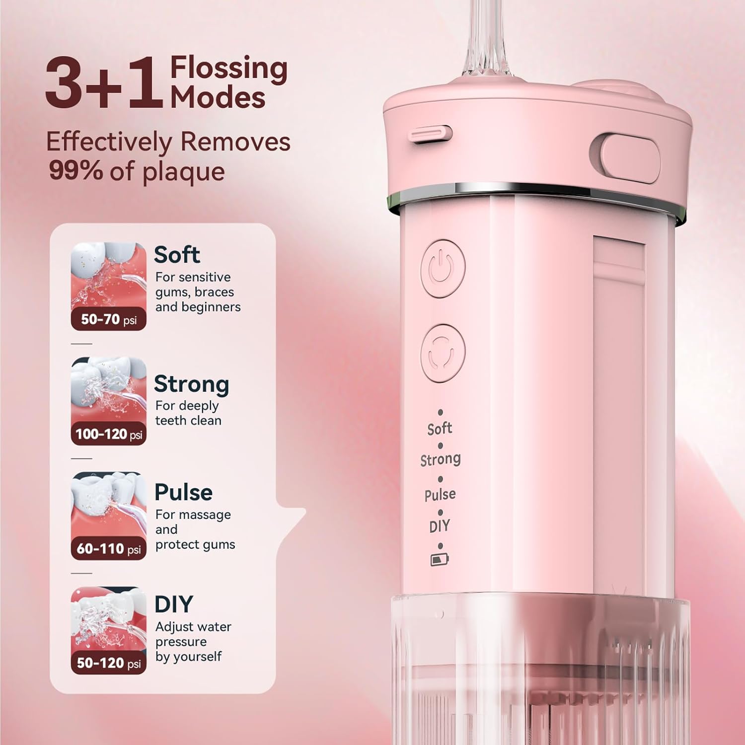 JTF Portable Water Flosser for Travel: Compact Mini Design, 3 Modes & 8 DIY Pressure Levels for Sensitive Teeth & Braces - with 5 Nozzles & Removable 230ml Tank, Cordless Oral Irrigator for On-The-Go
