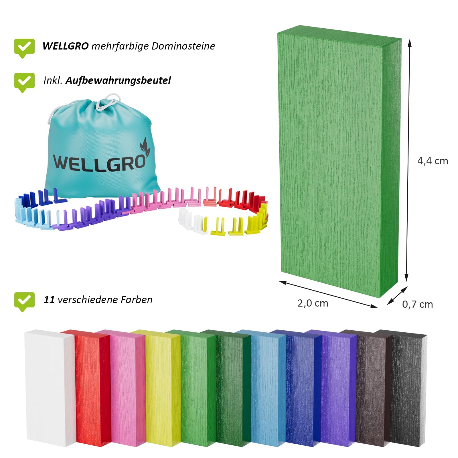 WELLGRO Domino - Mattoncini da costruzione in legno di pino ecologico, con sacchetto, blocchi di legno, colore atossico, numero di pezzi: 1200 pezzi
