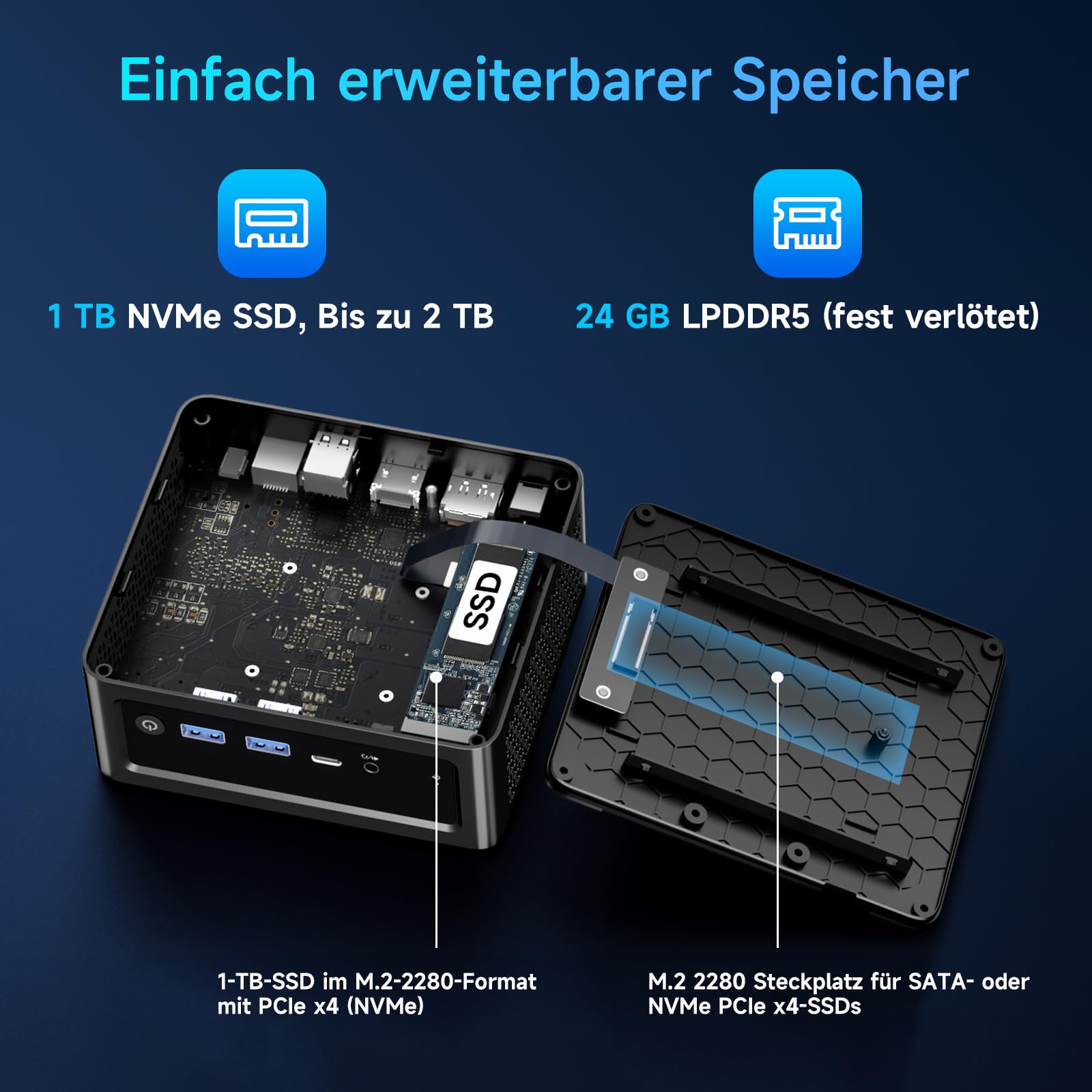 BMAX Mini PC B9 Power, Intel Core i9 12900H, 24GB LPDDR5 RAM, 1 TB NVMe SSD | Bis zu 5,0 GHz, Win 11 Pro, WiFi 6, 4K Dreifach-Display, Bluetooth 5.2, HDMI, USB-C, DP1.4a, Mini Computer für Gaming/Home