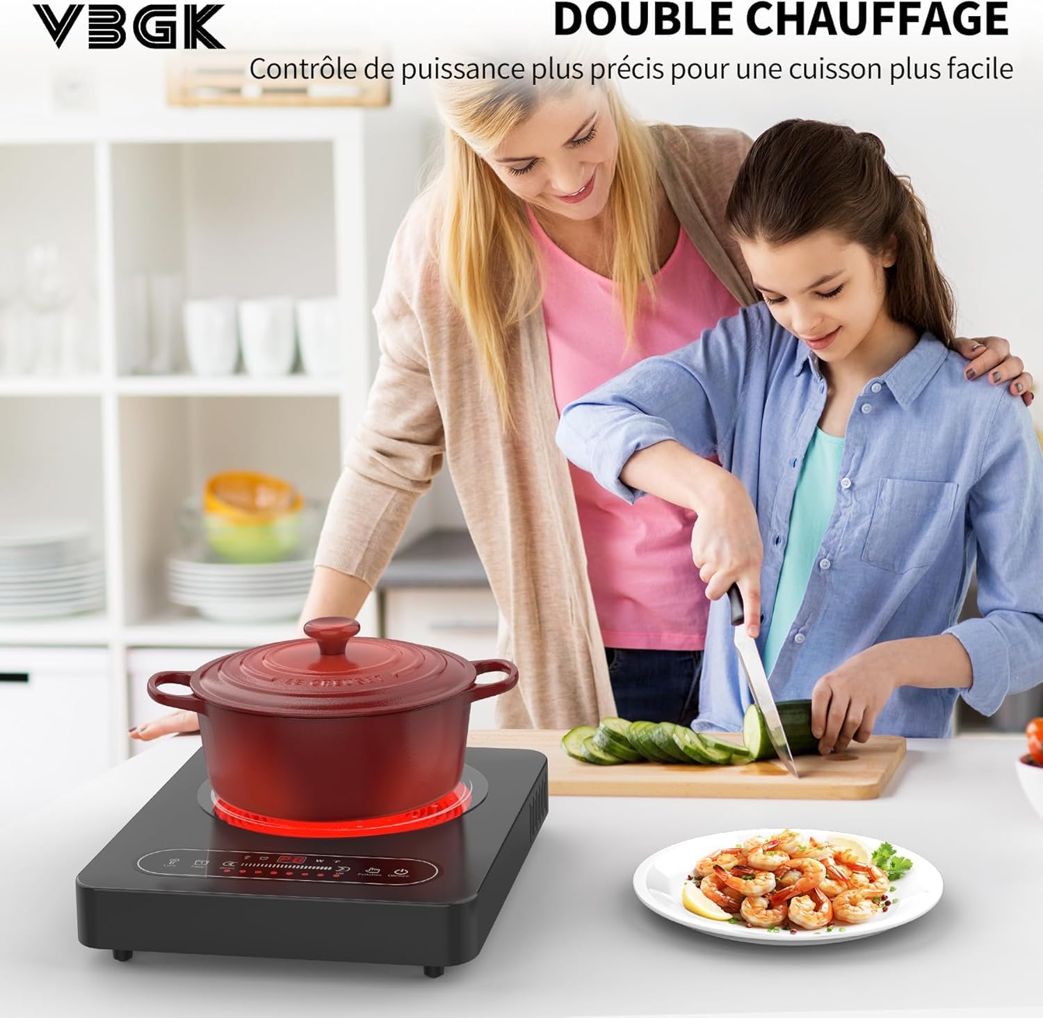 Plaque Vitrocéramique 1 Feu 2000W Tables de Cuisson Portable avec Minuterie 8 Niveaux de Puissance 220V-240V