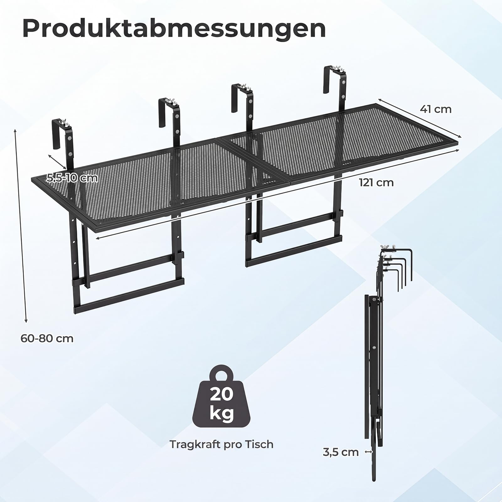 COSTWAY Balkontisch klappbar 2er Set, Balkonhängetisch zum Einhängen | 5-Fach höhenverstellbar, Klapptisch aus Metall, rechteckiger Hängetisch für Balkon, 20 kg Tragfähigkeit, 121 x 40,5 cm