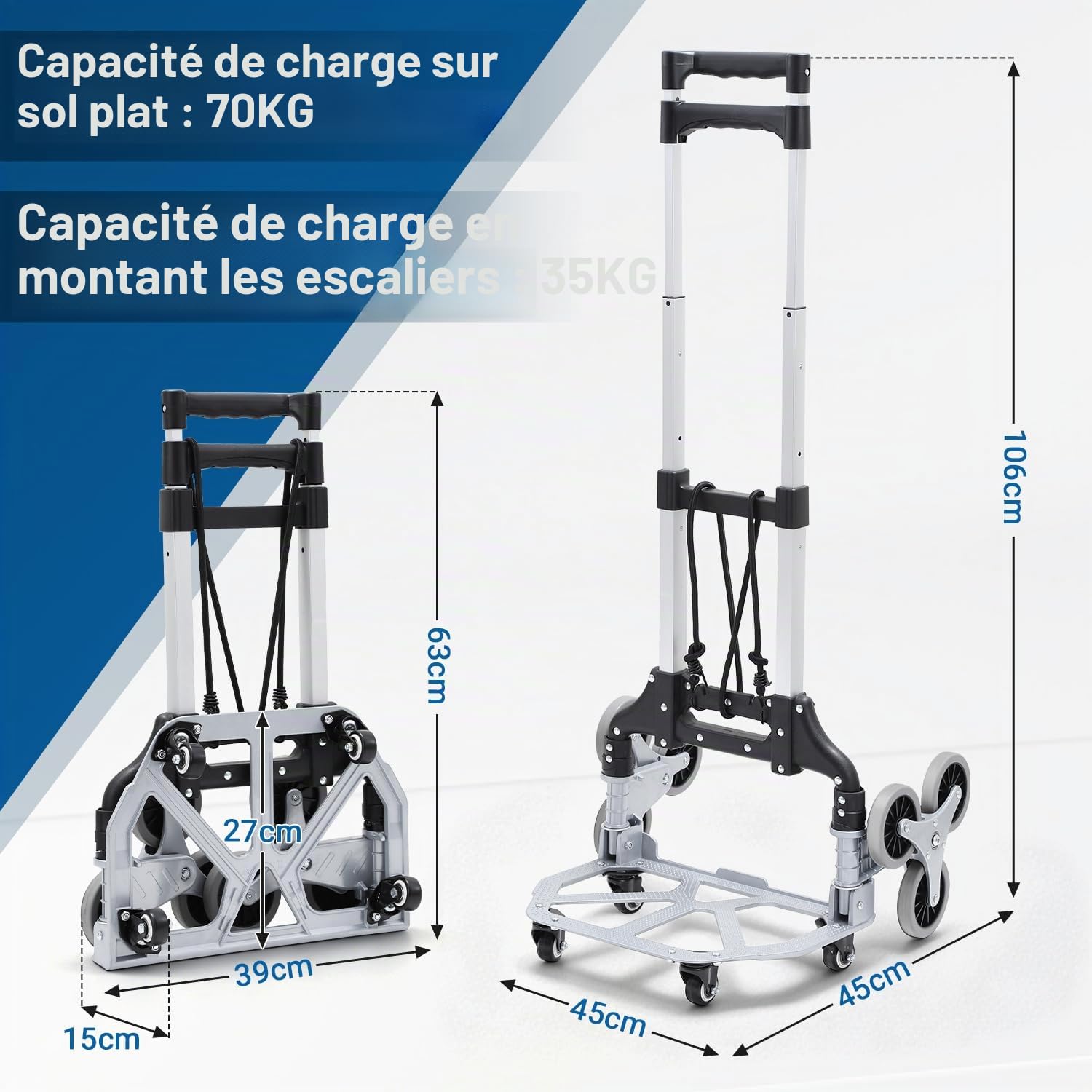 Diable de escalier Pliable en Aluminium, capacité 70 kg