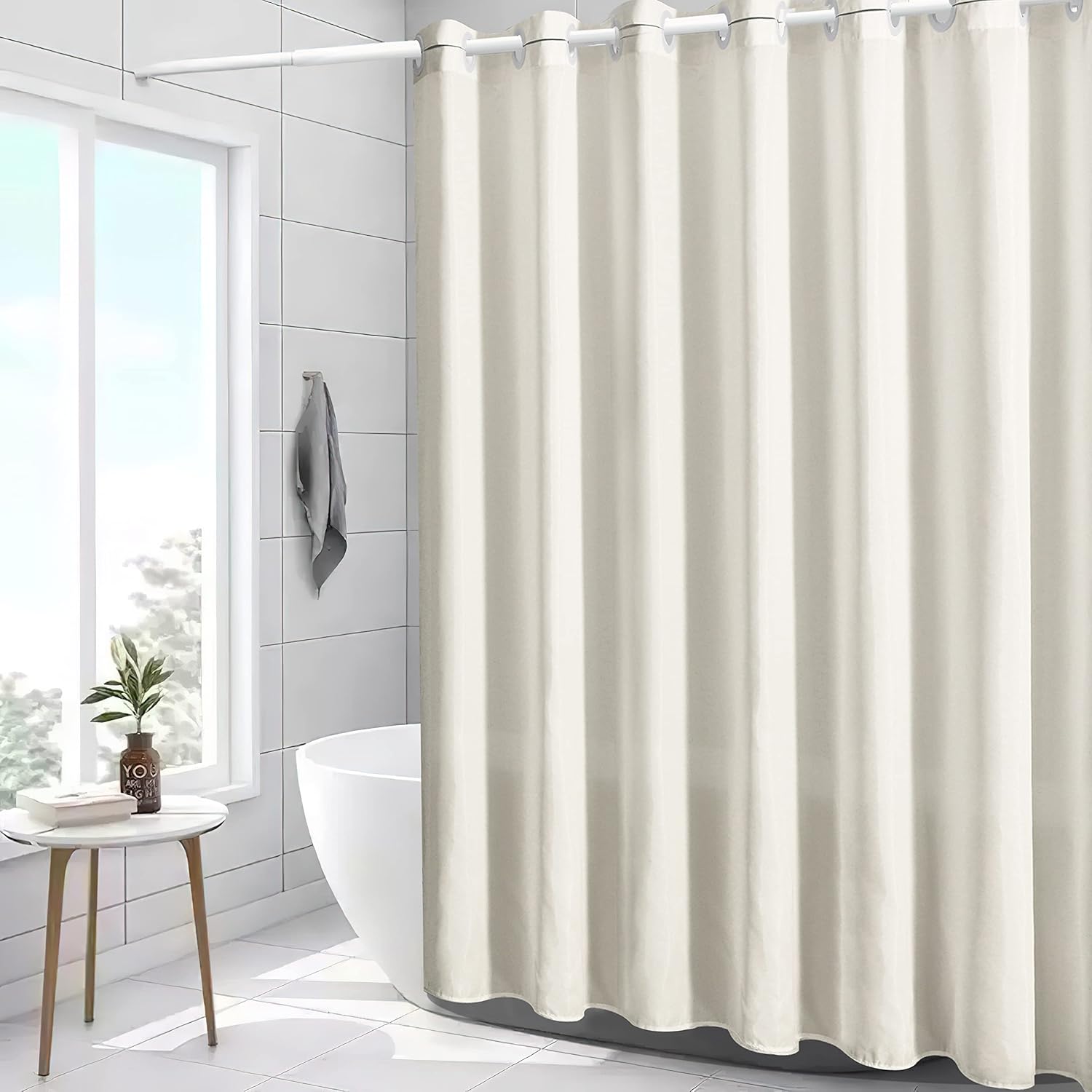 Furlinic Extra Long Shower Curtain 96 Inch Length,No Hook Polyester Fabric Bathroom Curtains,10 Plastic Split Grommets,Waterproof & Machine Washable,Beige,78x96 Inches