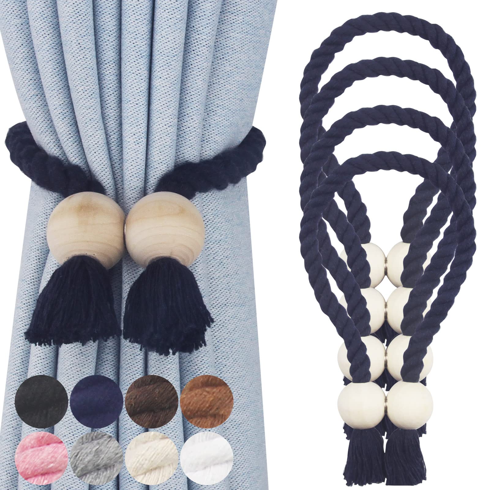 Nieffeiy 4 Pack Magnetic Curtain Tiebacks Cotton Hand Woven Tie Back Decorative Rope Holdbacks for Curtains Draperies No Tools Required, Navy