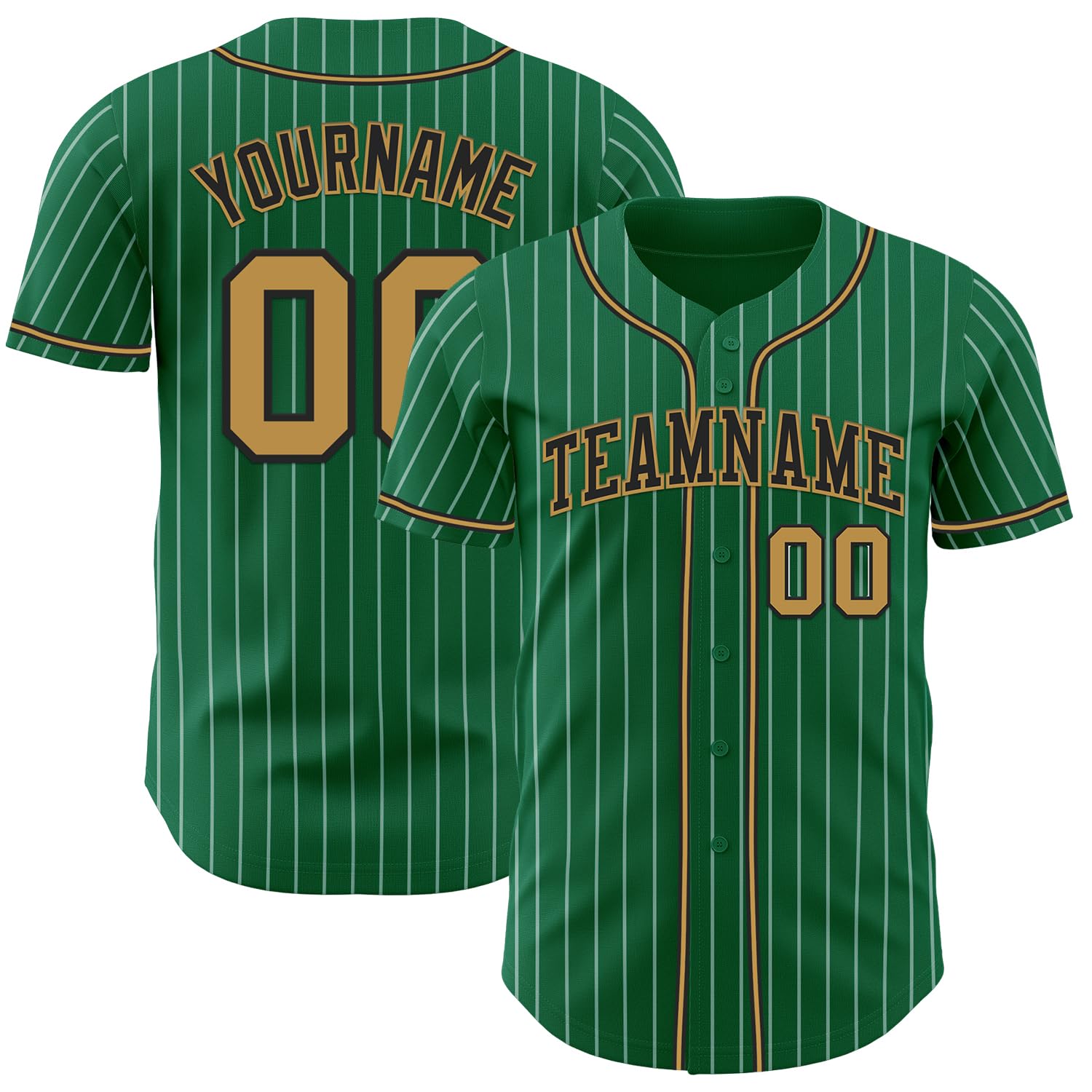 Custom Kelly Green White Pinstripe Baseball Jersey Button Down Softball Team Uniforms with Stitched Old Gold Black Name Number Logo for Men Women Youth, Design Personalized Sports Short Sleeve T-Shirt