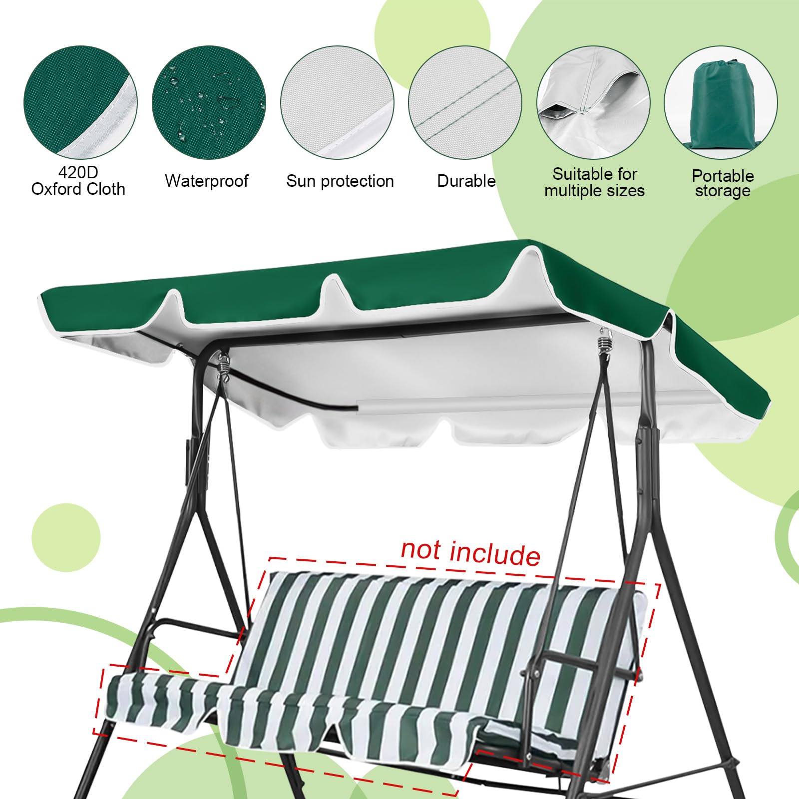 WingFly Columpio de Jardín Balancin de Jardín, Mecedora Hamaca Terraza Techo Toldo Balcón 2 y 3 Plazas, Columpio Jardín Tipo Balancín Toldo, 210 x 145 cm (Verde)