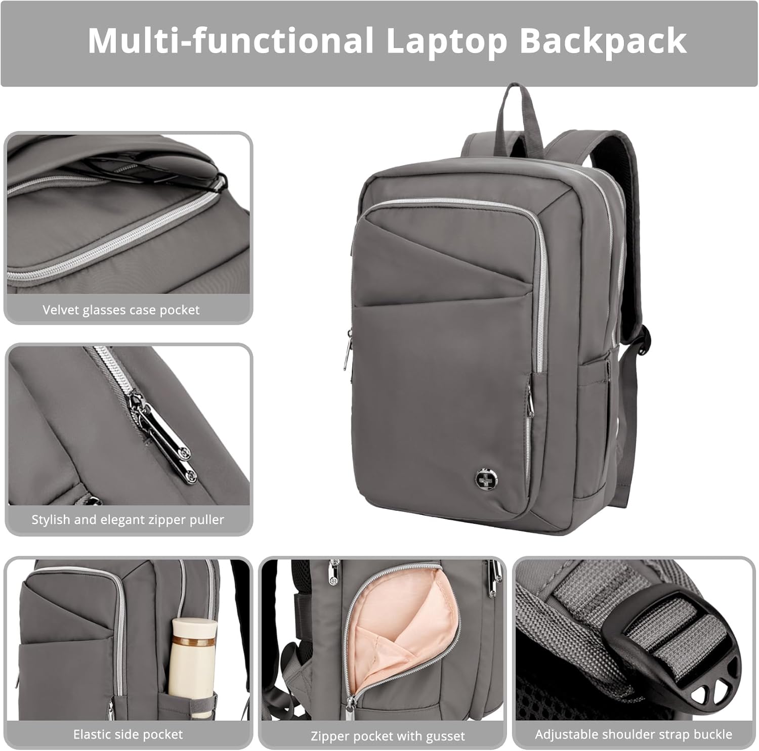 Swissdigital Design Laptop Backpack for Women，Travel Backpack with USB Charging Port，Fits 15.6 Inch School Computer Backpacks for Work Business,Grey | SD1006F-02