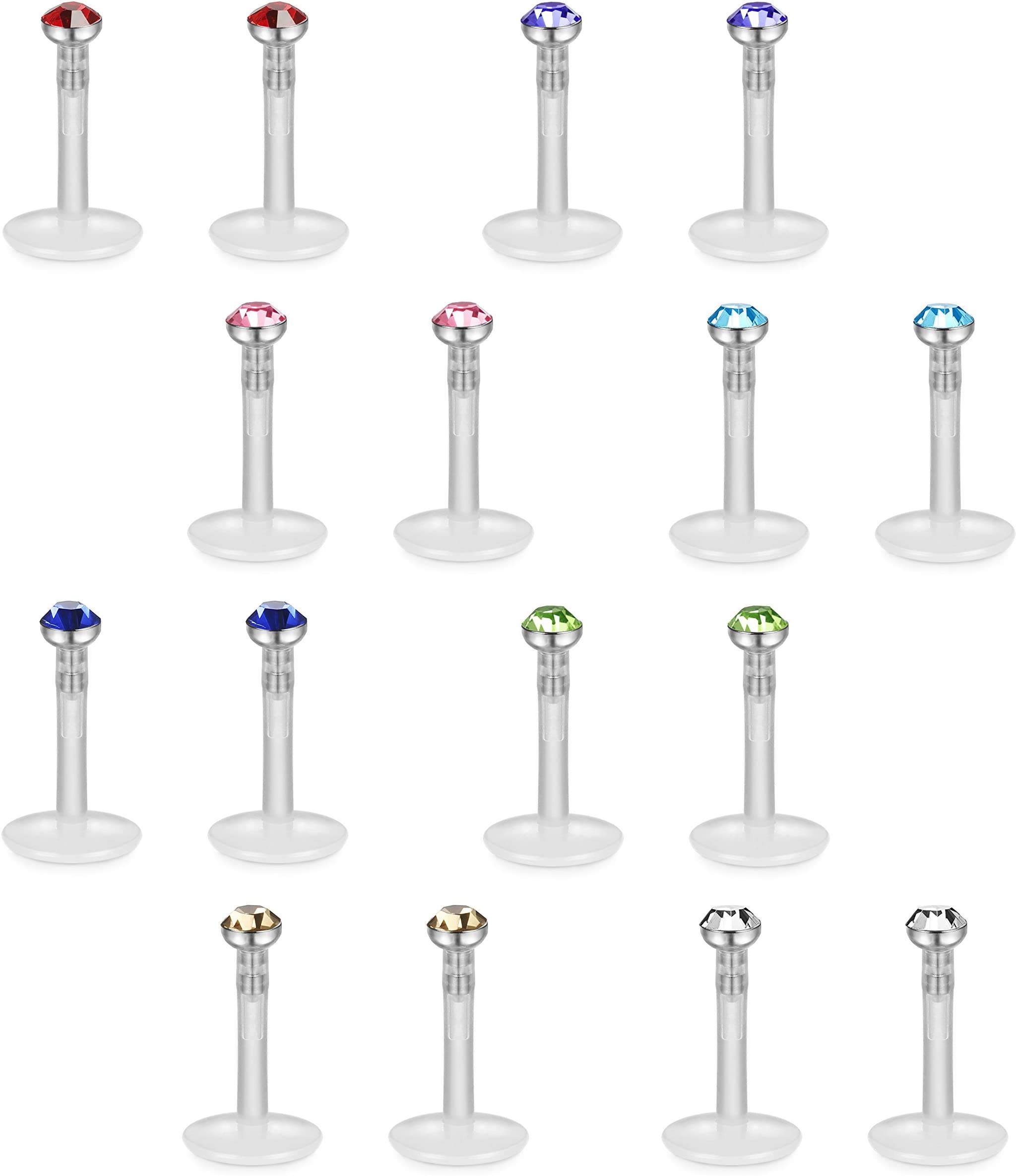 FIBO STEEL 16 Pcs 16G Clear Bioflex 2MM CZ Labret Monroe Lip Ring Helix Stud Earrings Body Jewelry Piercing