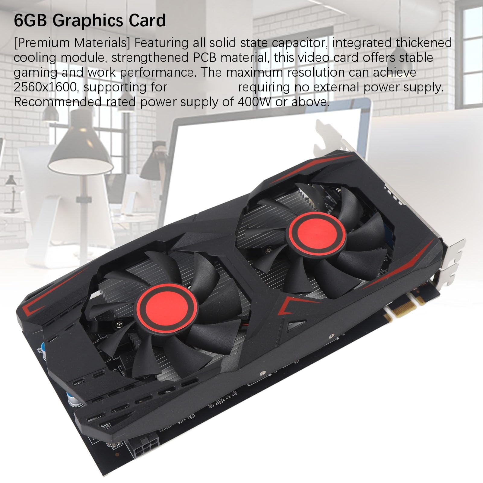 HERCHR Karta graficzna wideo PC, 6 GB GDDR5 192BIT podwójny wentylator PCIE 2.0 gniazdo 16X obsługuje interfejs multimedialny DVI VGA HD, karta graficzna do gier na komputer stacjonarny