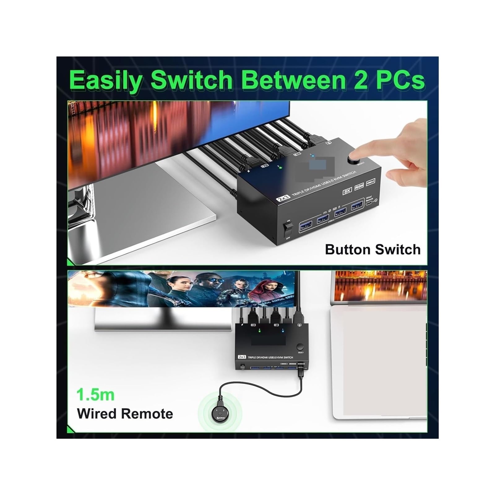 Convertisseur numérique, Commutateur KVM 3 moniteurs 2 Ordinateurs 8K @ 60Hz 4K 144Hz USB3.0 commutateur Triple Moniteur