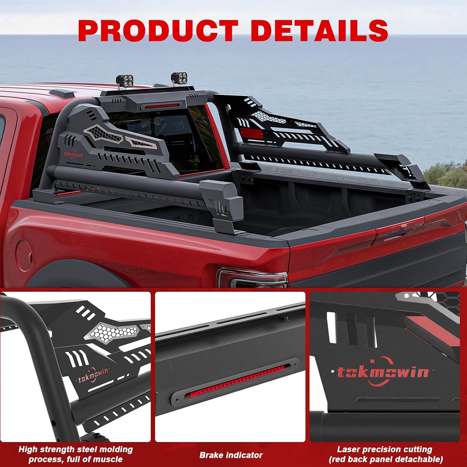Truck Sport Roll Bar Adjustable Chase Rack Universal for Full-Size & Mid- Size Pickup Truck, Compatible with Tundra/Ranger/Canyon/Gladiator/Frontier/Ram 1500/2500/3500,Ford F-150/F-250/F-350
