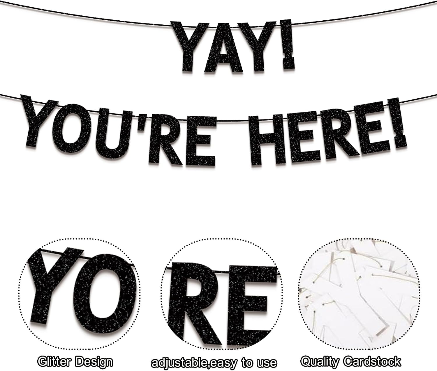 Welcome Back Decorations, Black Glitter Yay! You're Here! Banner,Welcome Back to School Sign, Family Reunion, Military Army Returning, Homecoming, Home Party Decorations Supplies
