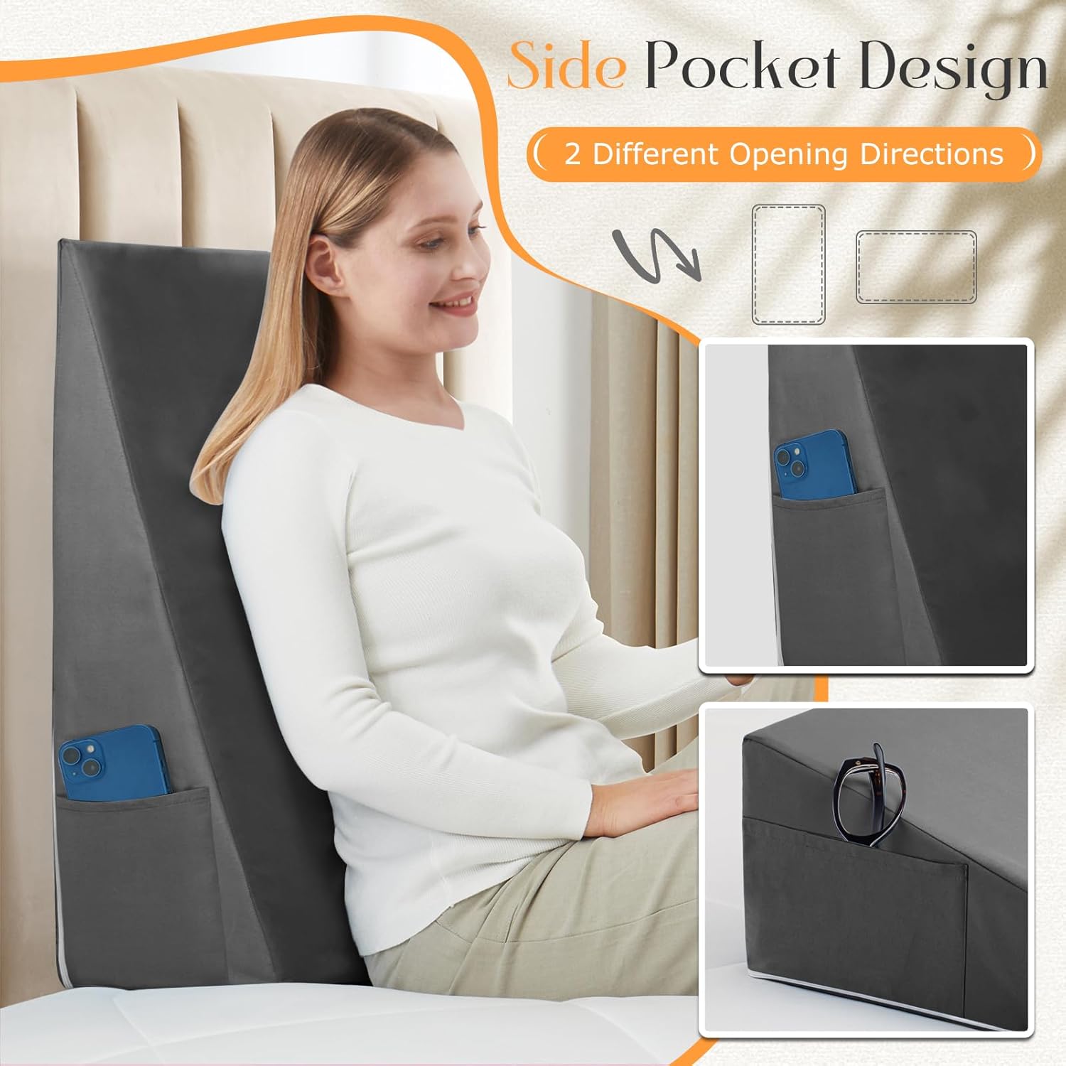 Horbaunal Dark Grey Bed Wedge Pillow Cover with Zipper Design, Wedge Pillowcase Protector with Side Pocket for Storage, 24" L x 24" W x 12" H(Pillow Not Include) thumbnail