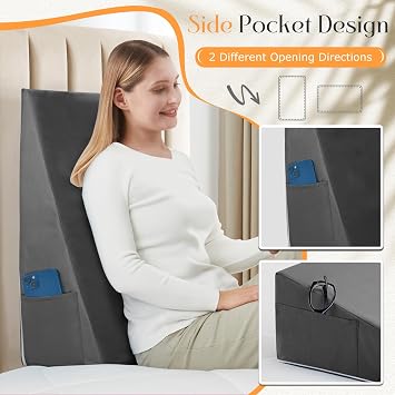 Horbaunal Dark Grey Bed Wedge Pillow Cover with Zipper Design, Wedge Pillowcase Protector with Side Pocket for Storage, 24