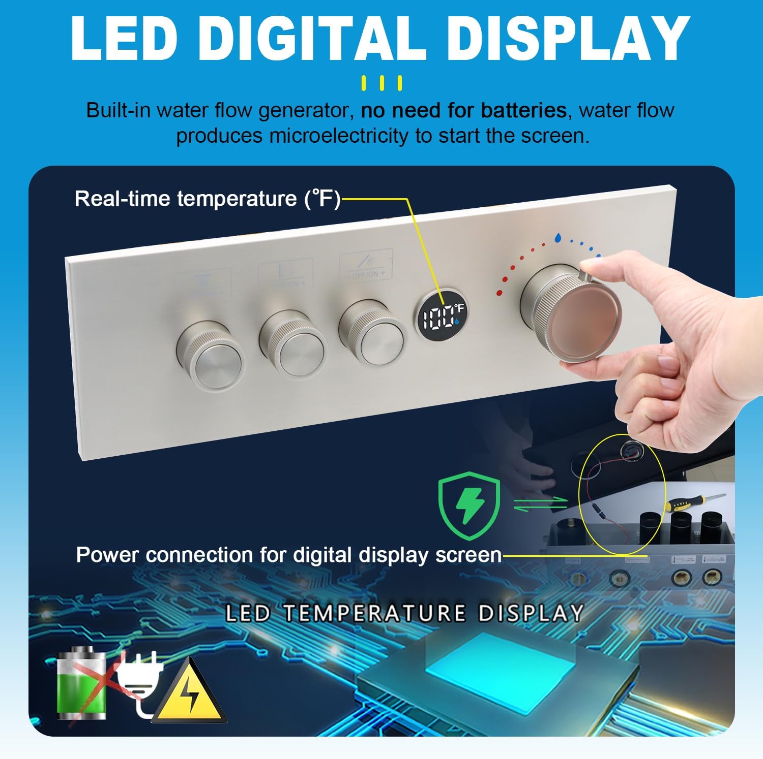 ENGA Digital Display 16 Inch Shower Jets System + 3 Way Digital Shower Diverter Valve, All Functions Simultaneous Use, Flow Adjustable, Brushed Nickel