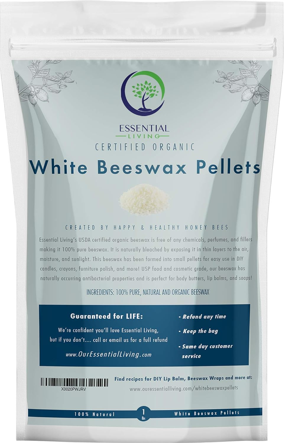 Essential Living: Organic White Beeswax Pellets - Easy Melt for Lip Balm, Skin Care, Candle Making, Soap Making, Food Wraps and More - 1 lb. - No Dyes or Fillers - Cosmetic Grade