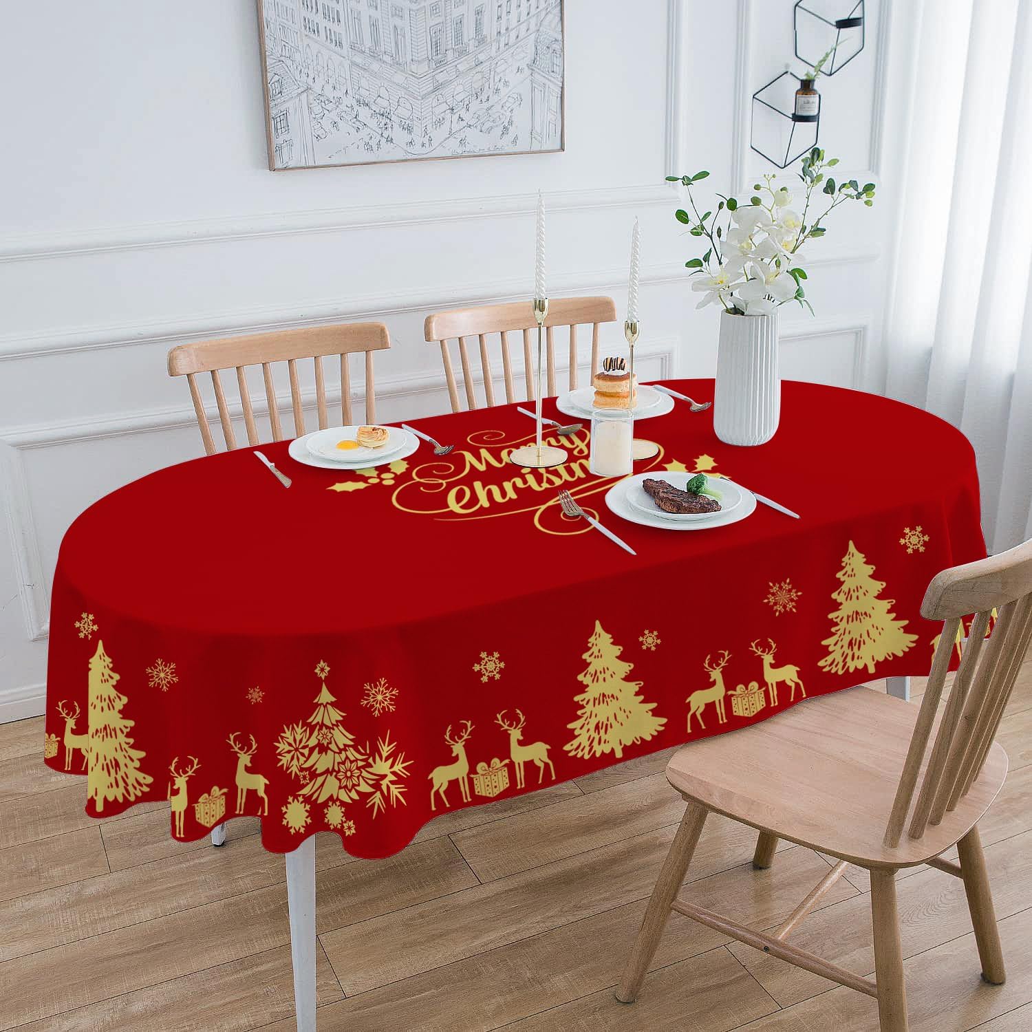 SATIOK Merry Christmas Oval Tablecloth 60×84 inch Christmas