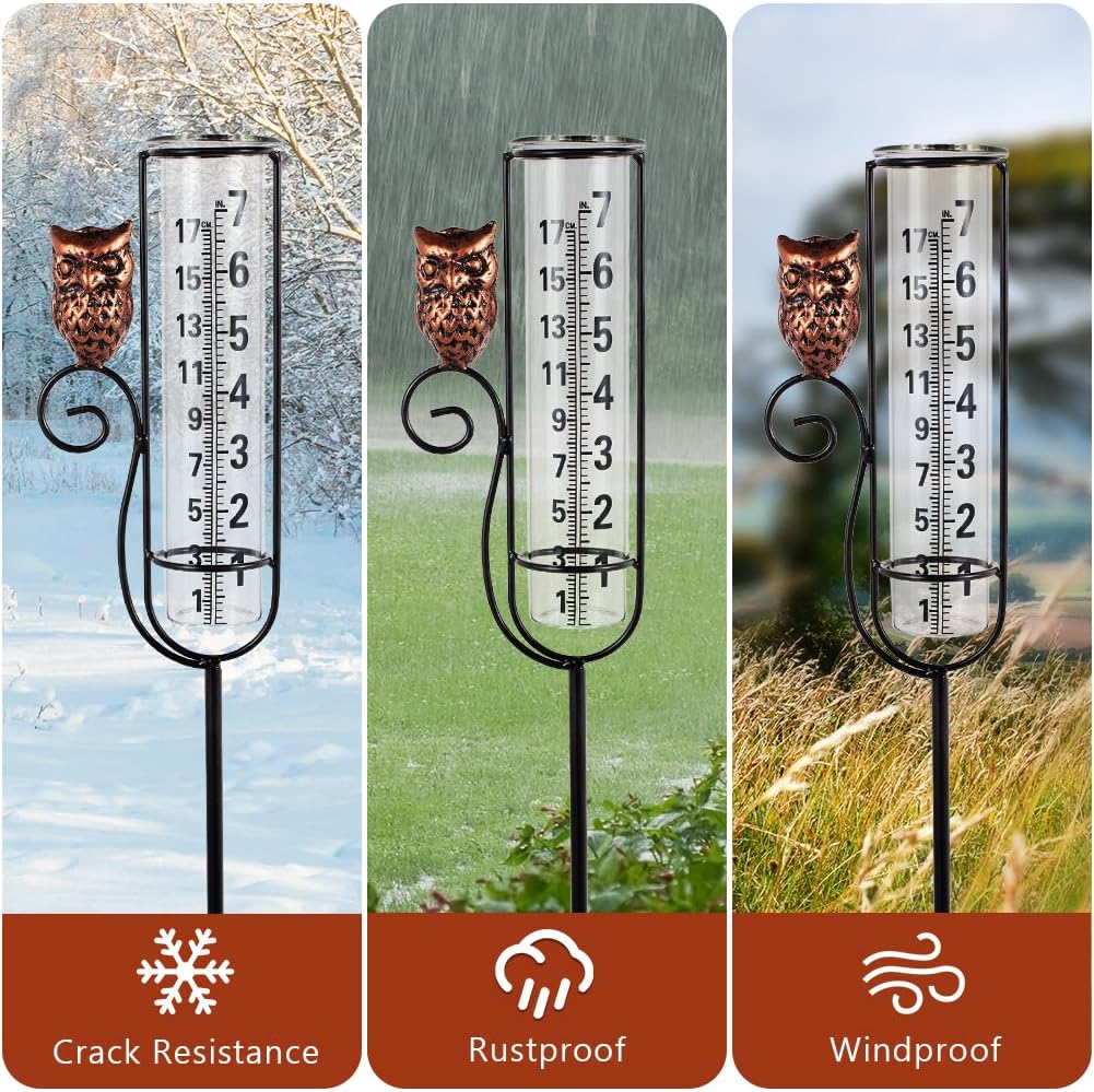 Owl Rain Gauges,Water Gauge for Rain with Metal Stake,7 Inch Freeze Proof Detachable Rain Gauge Outdoor Decorative for Measuring Precipitation