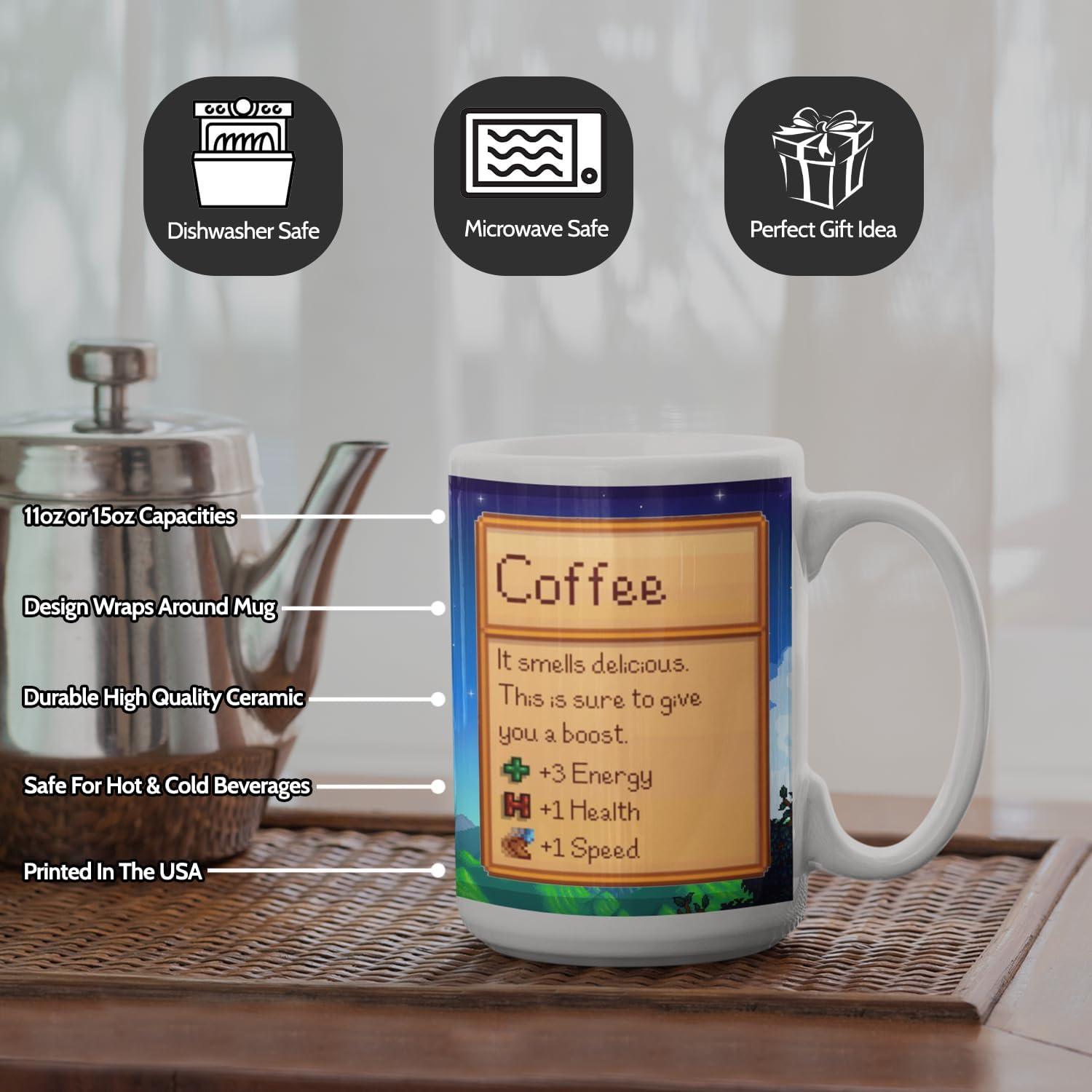 Creator's Cove Stardew Valley Game Coffee Mug Drink, Gift for Video Game Lover Farm Adventure Gaming Cup For Family Friends (White, 11oz) - Image 5