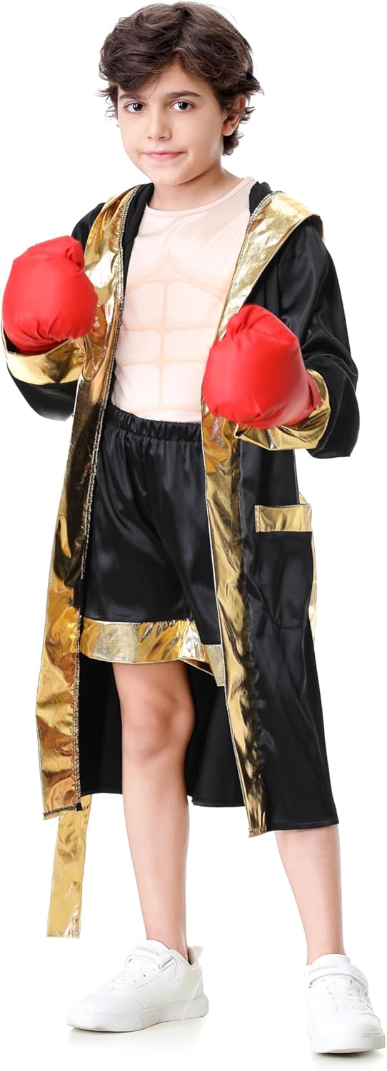 GRAJTCIN Boxing Costume For Kids Halloween Boxer Costume Sets Includes Boxing Robe, Fake Muscle Shirt and Shorts