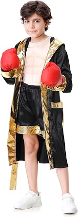 GRAJTCIN Boxing Costume for Kids Halloween Boxer Costume Sets Includes Boxing Robe, Fake Muscle Shirt and Shorts