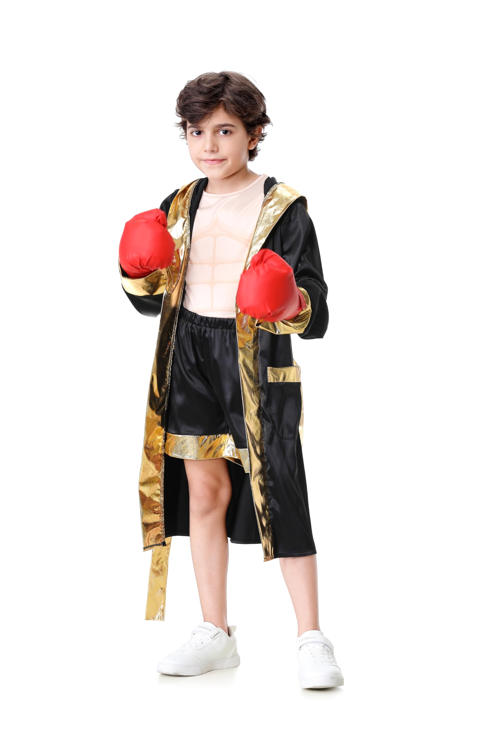 GRAJTCIN Boxing Costume For Kids Halloween Boxer Costume Sets Includes Boxing Robe, Fake Muscle Shirt and Shorts