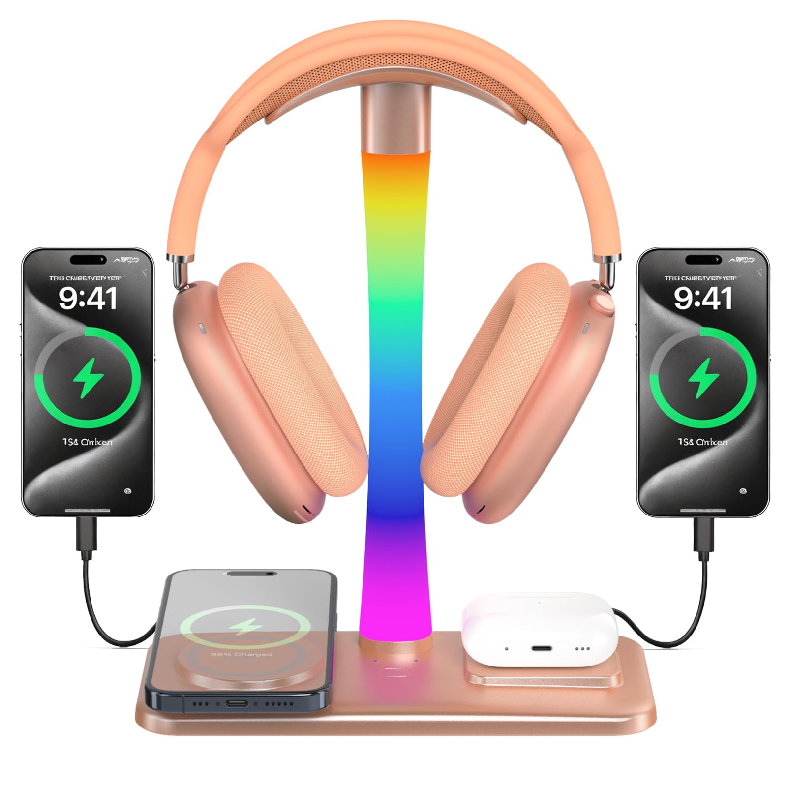 Tascaquin Supporto Per Cuffie con Caricabatterie Wireless, Per Cuffie Da Gioco con Luce RGB,Supporto Per Airpod Max Compatibile con Airpod Pro/3/2,iPhone 16/15/14/13/12/11,Regali per Giocatori (Oro)