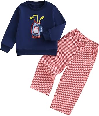 Toddler Baby Boy Girl Outfit Golf Embroidery Long Sleeve Sweatshirt Elastic Plaid Pants Set Newborn Infant Clothes