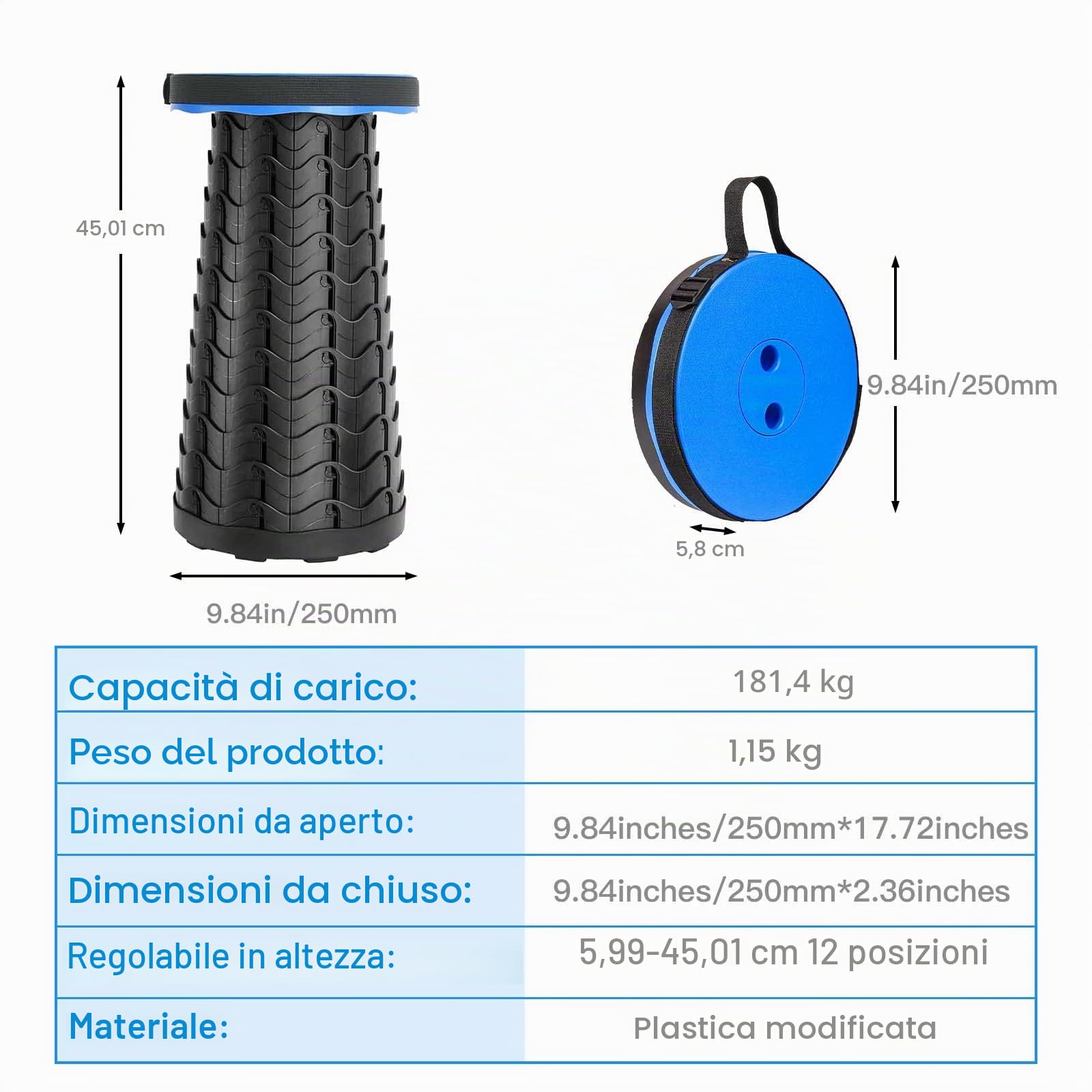 Sgabello Pieghevole Portatile, Seconda Generazione, Mini Sgabello Telescopico, Leggero, Regolabile in Altezza, Carico 397 LB, per Attività All'aperto, Pesca, Barbecue, Interni, Viaggi, Feste (Blu)