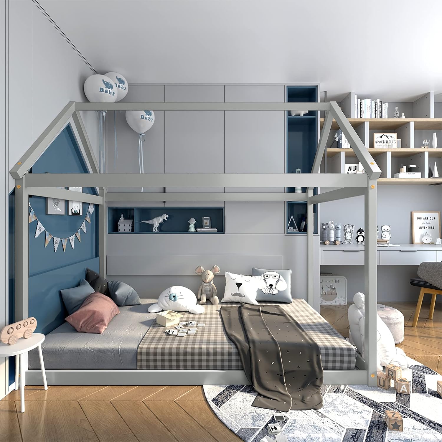 GORELAX Twin House Bed, Low Floor Bed with Roof, Montessori Floor Bed, No Box Spring Needed, Wood Twin Size Platform Bed Frame for Kids, Teens (Grey)