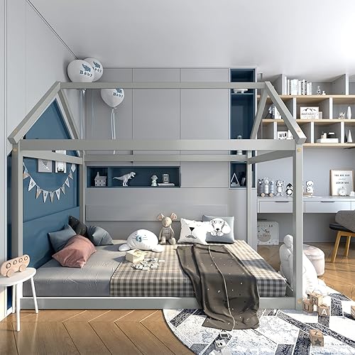 Miniatura 8 de Costzon Base de cama individual de madera, plataforma estable para niños, con techo y listones de alta resistencia, no necesita somier, bricolaje