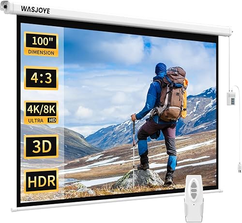 WASJOYE Pantalla de proyector motorizada de 100 pulgadas a 43 Pantalla de proyector eléctrico para montaje en paredtecho con control remoto -