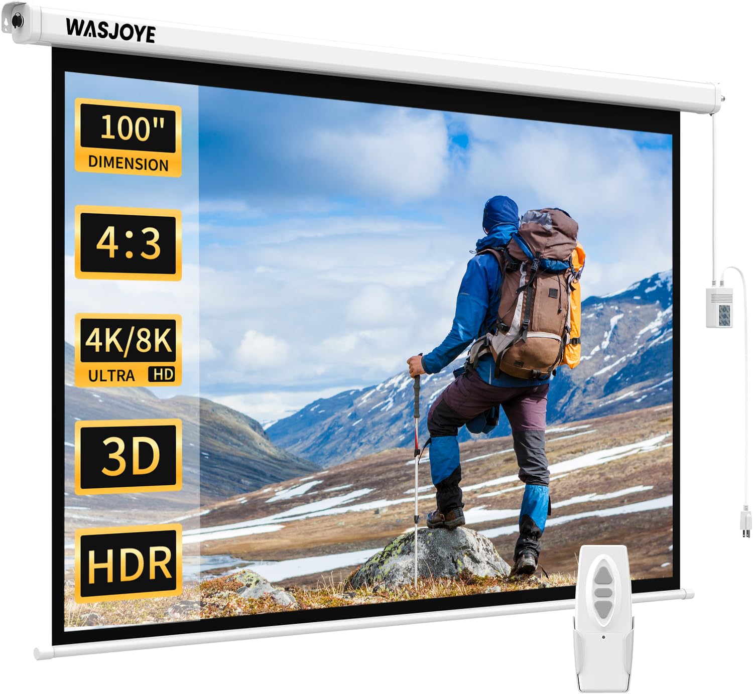 WASJOYE Motorised Projector Screen 100" - 4:3 Electric Projector Screen Wall/Ceiling Mount with Remote Control - 8K HD Projection Screen Dual Side Power Supply for Home Theater Office TV Game School