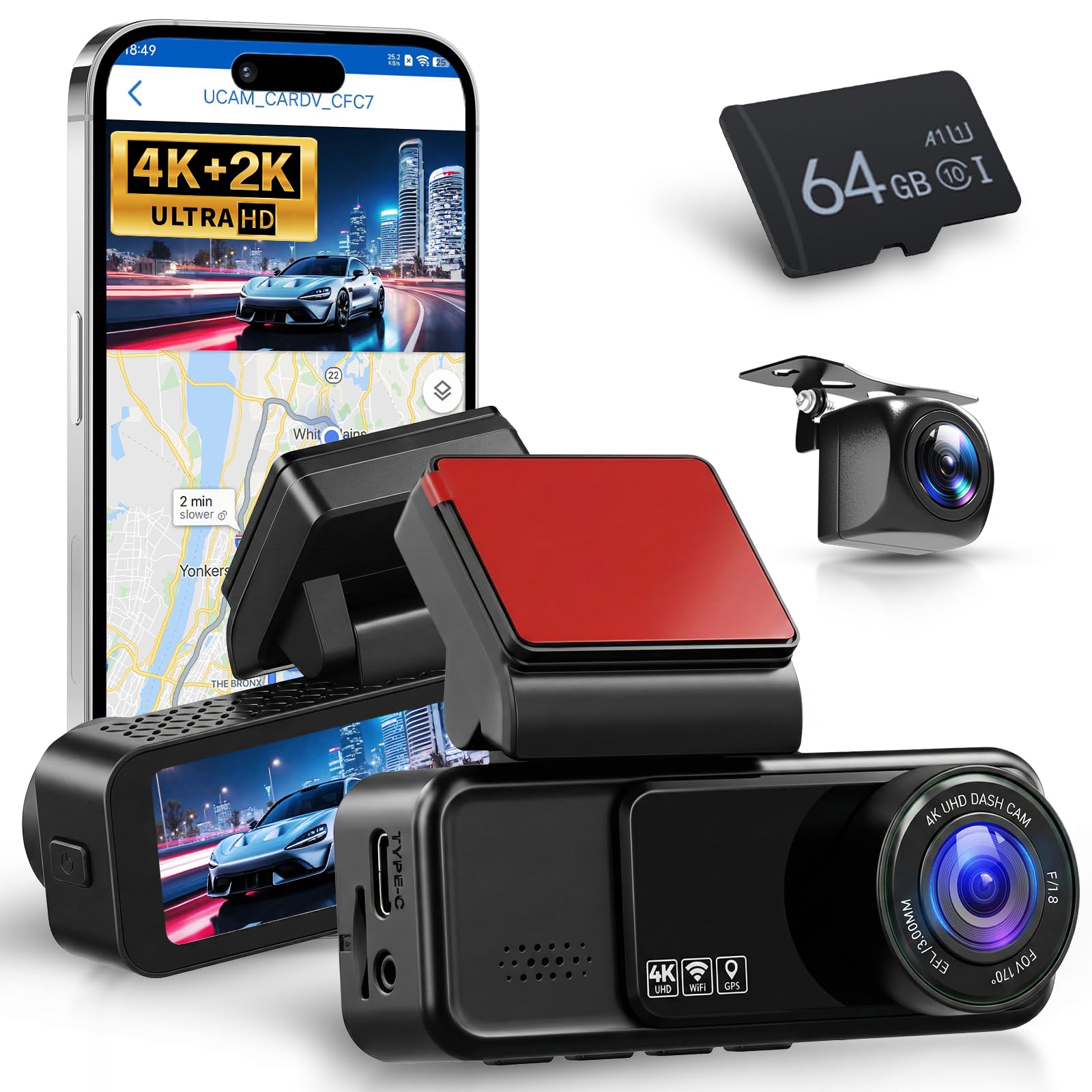 VECHTEL 4K+2K Dashcam Coche Delantera y Trasera con WiFi 5G, 2*Cámara de Coche 1080P, Pantalla IPS de 3.16 Pulgadas, Monitoreo de Estacionamiento 24H, Visión Nocturna, Sensor G, con Tarjeta de 64GB