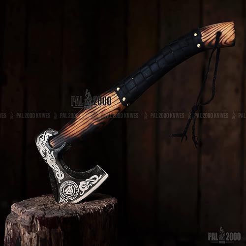 Miniatura 14 de AX-9897 Hacha hecha a mano personalizada Viking Barbudo Cabeza Camping Tomahawk Herramienta Hacha de batalla con funda Negro