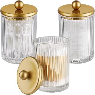 3 Pack Glass Qtip Holder Dispenser Set with Matte Gold Metal Lid