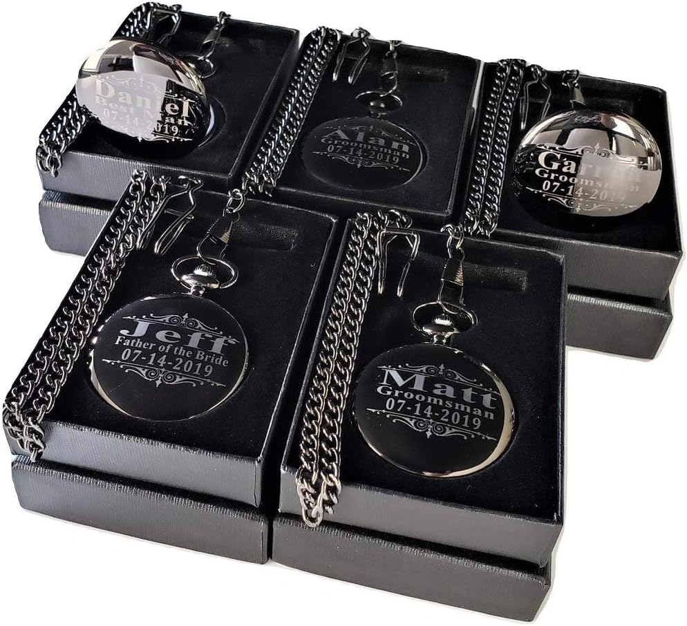 9 Engraved Pocket Watches Custom Fitted Box Included, Buckle Chain, Engraving Included. Pocket Watch, Battery Included, Assorted Colors Set of 9